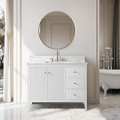 Vanity Art 42 inch Bathroom Vanity with Single Sink & Ceramic Top, Vanity Cabinet with Soft-Closing Door, Solid Wood Frame, Linear Pattern, White, Golden Brushed Handware VA9142-W-GB