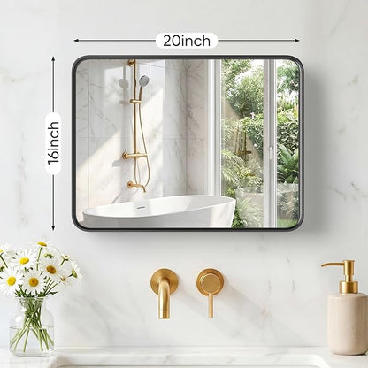 Sweetcrispy Bathroom Mirror 20x16 Inch, Vanity Mirror for Wall | Metal Framed Rounded Rectangle, Over Sink, Farmhouse, Restroom, Anti-Rust, Horizontal or Vertical Hanging, Black