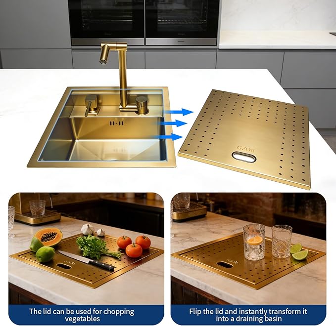 Gold Bar Sink, 17.32×14.17×7.87 Inch Small Portable Utility Single Bowl Outdoor Camper RV Kitchen Sink with Foldable Faucet and Cover Plate