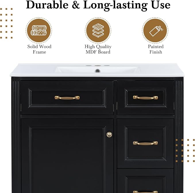 36" Bathroom Vanity with Ceramic Sink,Modern Freestanding Storage Cabinet w/Soft-Close Door and 2 Tip-Out & 2 Drawers,Undermount Single Basin Bath Vanity Set w/Adjustable Shelf,Black