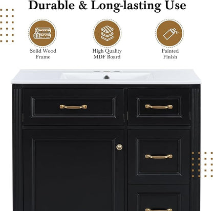 36" Bathroom Vanity with Ceramic Sink,Modern Freestanding Storage Cabinet w/Soft-Close Door and 2 Tip-Out & 2 Drawers,Undermount Single Basin Bath Vanity Set w/Adjustable Shelf,Black