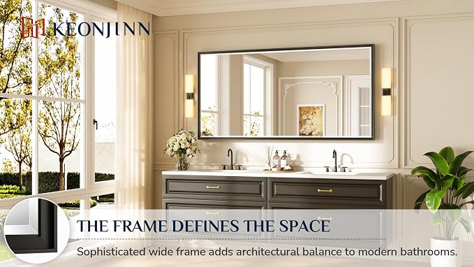 Keonjinn 72" x 36" Black Framed Bathroom Mirrors for Over Sink, Aluminum | HD Tempered Glass with Beveled Edge, Effortless French Cleat Installation, Rectangle Wall Mirror, Hallway, Dinning Room Decor