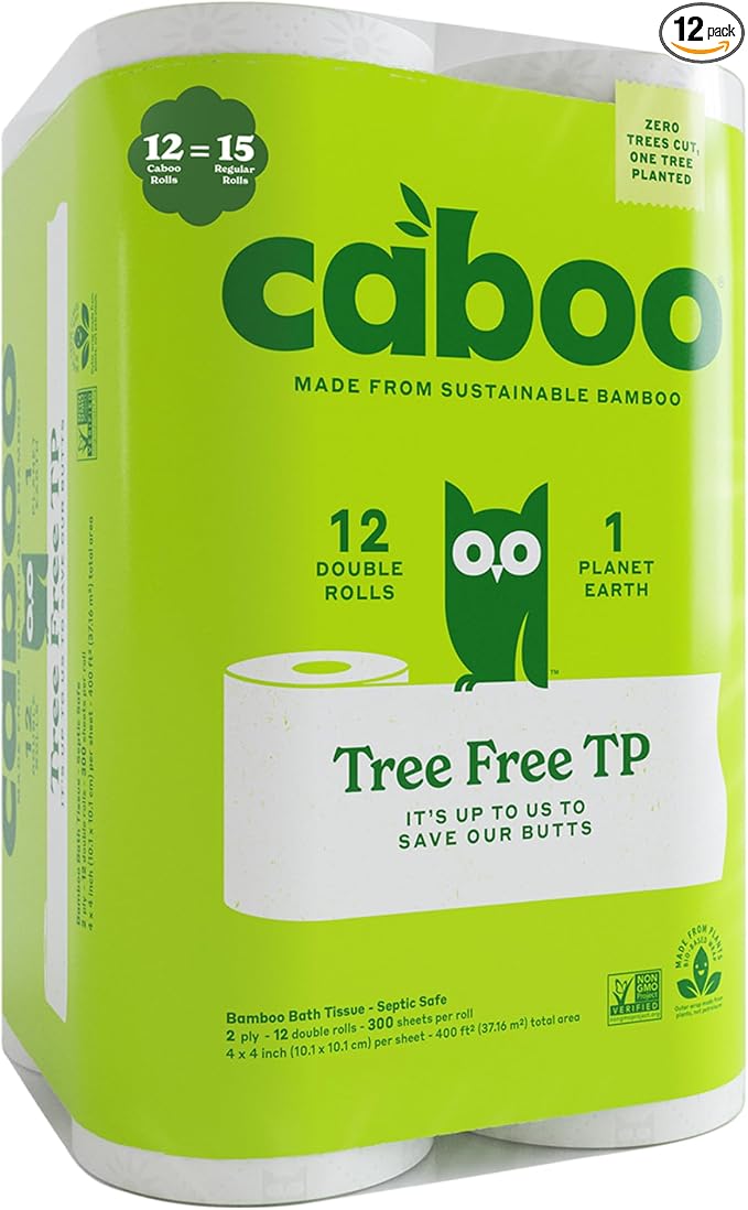 Caboo Tree Free Toilet Paper, Tree Free, Septic, Chemical Free Bath Tissue - 2 Ply Sheets, 300 Sheets Per Roll, 12 Double Rolls
