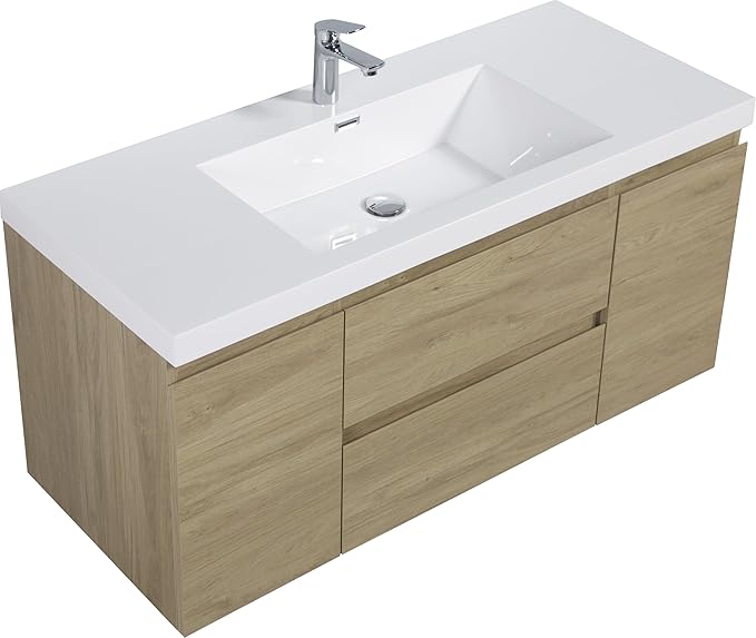 48 Inch Floating Bathroom Vanity with Single Sink, Modern Wall-Mounted Bathroom Vanity Storage Cabinet Organizer with 2 Soft Closing Doors and 2 Drawers (Natural Oak)