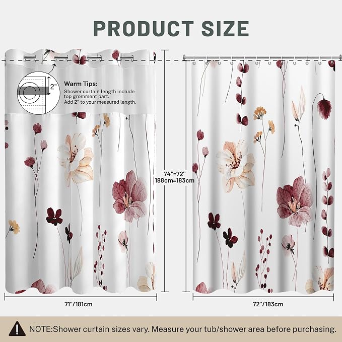 No Hook Floral Shower Curtain with Liner, Burgundy Flower, 71x74 | Snap in Liner, 3 in 1, Water Repellent, Easy Install, Machine Washable, Hotel Style for Bathroom, Watercolor Pattern