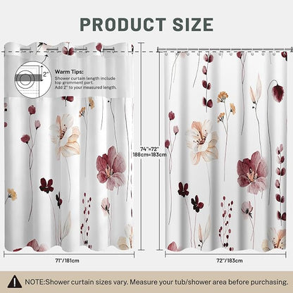 No Hook Floral Shower Curtain with Liner, Burgundy Flower, 71x74 | Snap in Liner, 3 in 1, Water Repellent, Easy Install, Machine Washable, Hotel Style for Bathroom, Watercolor Pattern