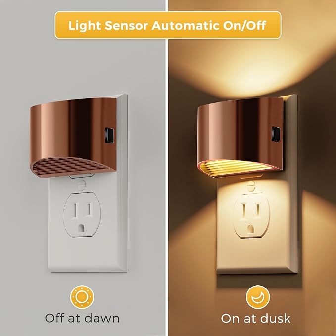 L LOHAS LED Night Lights Plug into Wall, Dimmable Night Light 2 Pack | Plug in Night Light with 3 Level Brightness, 3000K Soft White, Rose Gold Housing