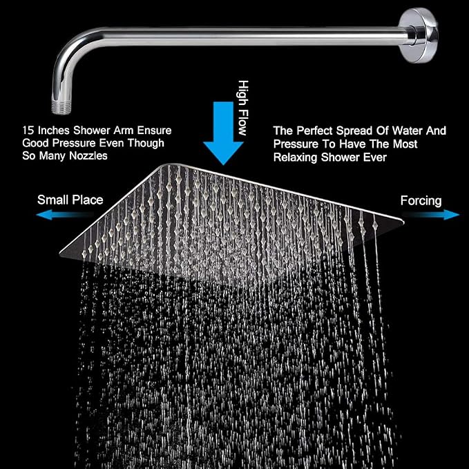 NearMoon Square Rain Shower Head With Extension Arm, Large Stainless Steel Rainfall Shower-Waterfall Full Body Coverage (12 Inch, Chrome)
