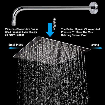 NearMoon Square Rain Shower Head With Extension Arm, Large Stainless Steel Rainfall Shower-Waterfall Full Body Coverage (12 Inch, Chrome)