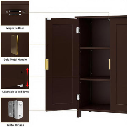 TaoHFE Brown Bathroom Storage Cabinet,Wood Bathroom Cabinets Freestanding with 2 Door Organizers Storages with Adjustable Shelves, Storage Cabinet for Living Room,Laundry Room