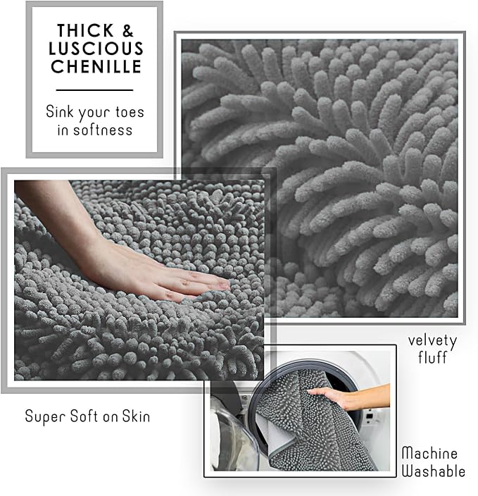 Hearth & Harbor Bathroom Rugs, Chenille Bath Mat - Machine Washable Bath Mats for Bathroom Non-Slip Backing Rubber, Quick Dry Bathroom Mat, 20 x 32 - Frost Grey