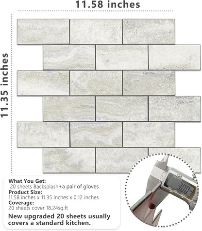 STICKGOO 20-Sheet Subway Tile Peel and Stick Backsplash - Beige Stone Texture With Grey Grout for Kitchen, Bathroom, RV, Fireplace - PVC Wall Tiles