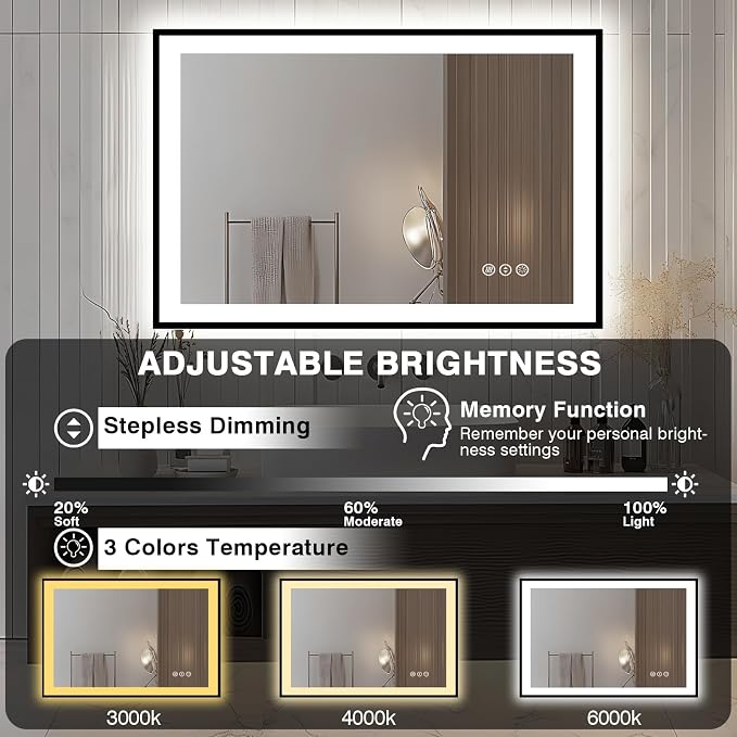 EchosLife 44x30 Bathroom Light up Mirror - Black Trim | Black Frame, Front and Backlit, Anti-Fog, Stepless Dimmable, 3 Colors, Memory, Tempered Glass, UL Listed, Horizontal/Vertical