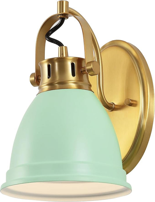 JONATHAN Y 7" Mint Green/Brass Gold 1-Light LED Vanity Light, Adjustable Wall Sconce for Bathroom Mirror, Farmhouse Bohemian Kitchen Light, Iron Black Bell Shade (JYL1114D)