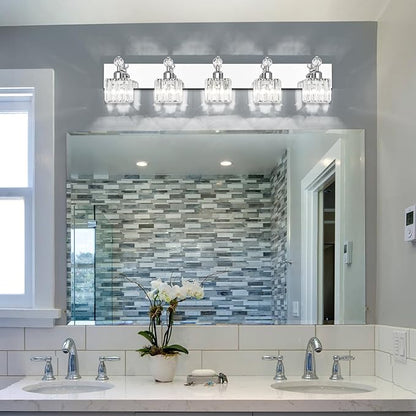 PRESDE 5-Light Crystal Bathroom Vanity Light, Chrom ModernBathroom Lights Fixtures Over Mirror Wall Lamp for Bathroom Bedroom Hallway