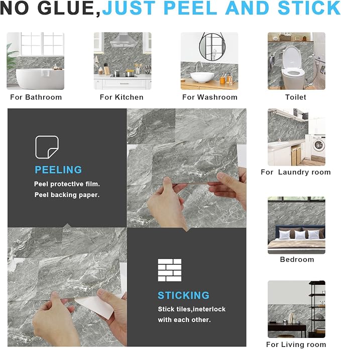 URCOLOR 32-Piece Peel and Stick Backsplash Wall Tile, 4"x 8" PVC Glossy Dark Gray Marble Stick on Subway Tiles for Kitchen, Bathroom, Laundry Room, Camper, Fireplace