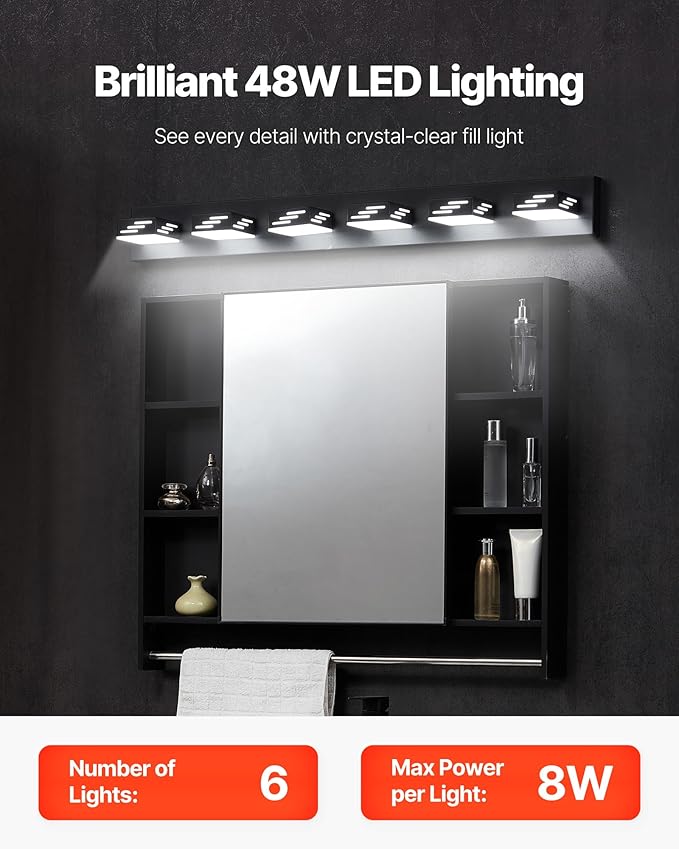 VEVOR 6-Light LED Modern Vanity Light Fixtures, 40.35-Inch, Black Finish Bathroom Wall Lighting Fixture Over Mirror, with IP44 Waterproof, for Bathroom, Living Room, Bedroom, Hallway, Cool White 6000K