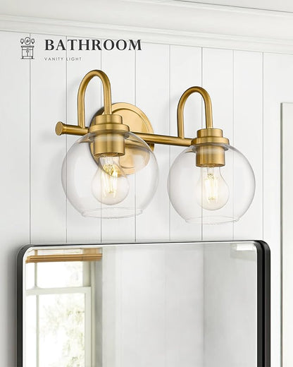 Bathroom Light Fixtures, 2-Light Brushed Gold Vanity Lights with Globe Clear Glass, Champagne Bronze Vanity Lighting Fixtures Over Mirror, AD-22280-2W-GD