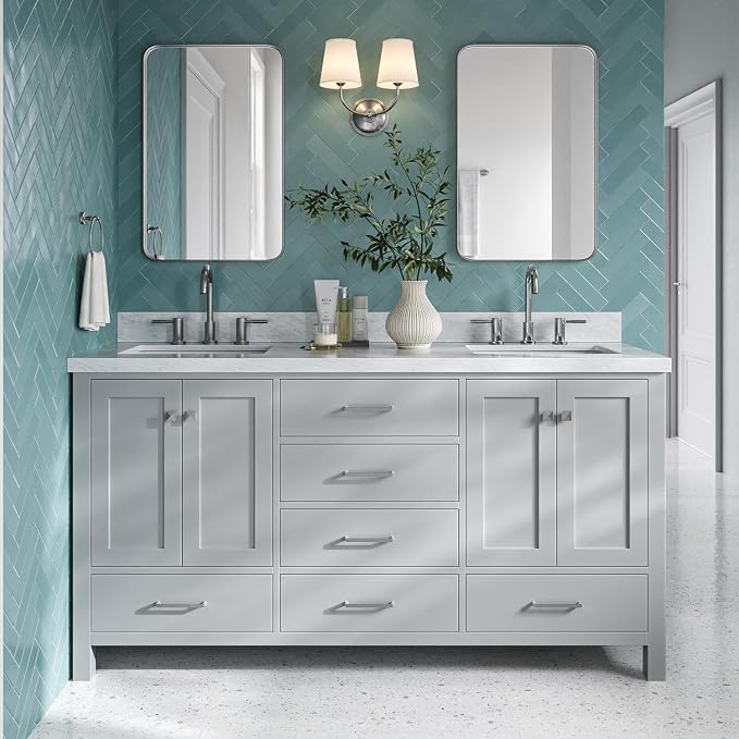 Beckford 66" Grey Double Bathroom Vanity with Sink, 1.5" Edge Italian Carrara Marble Countertop, 2 Rectangular Undermount Sinks, 4 Soft Closing Doors, 6 Dovetail Drawers, Brushed Nickel