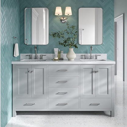 Beckford 66" Grey Double Bathroom Vanity with Sink, 1.5" Edge Italian Carrara Marble Countertop, 2 Rectangular Undermount Sinks, 4 Soft Closing Doors, 6 Dovetail Drawers, Brushed Nickel
