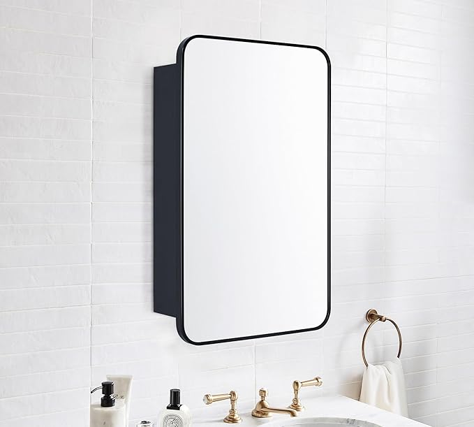 GRACTO 17.5x29'' Black Recessed and Surface Mount Bathroom Medicine Cabinet with Mirror Matt Black Metal Framed Rounded Rectangle Medicine Cabinet