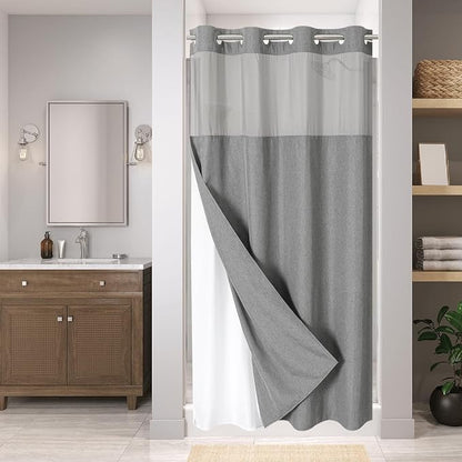 eachope No Hook Linen Texture Shower Curtain with Snap-in Liner,60x74 Grey | 230GSM Thick Fabric,Hotel Luxury Decor,Mesh Top Window,Waterproof & Machine Washable,for Shower Stall or Bathroom