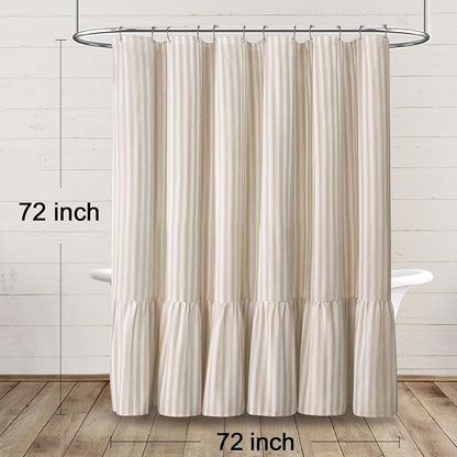 Farmhouse Shower Curtain Ruffle Linen White-Beige Stripe 72"W x 72"L | Farmhouse Boho, Striped, Bottom Ruffle, Cotton Fabric, Rustic, Country, Natural Look, Washable, for Bathroom Bathtub
