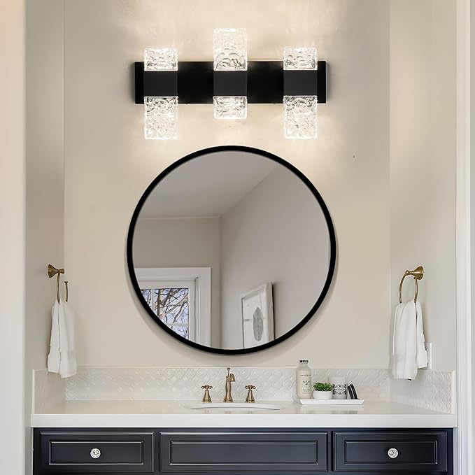 Modern Bathroom Lights - Bathroom Light Fixtures Over Mirror 30W Dimmable Crystal Wall sconces 3 Lights Black Brushed Hardwired Wall Lights 4000K LED Bathroom Vanity Light Fixtures
