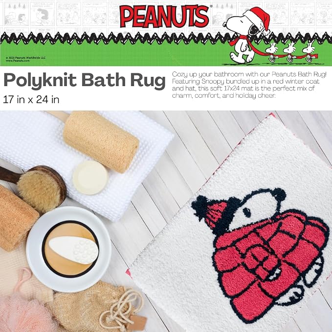 Collectibles Peanuts Snoopy Puffer Coat Holiday & Christmas Non Slip Plush Poly Knit Bathroom Mat Rug, 17x24, (Officially Licensed Product) By Franco