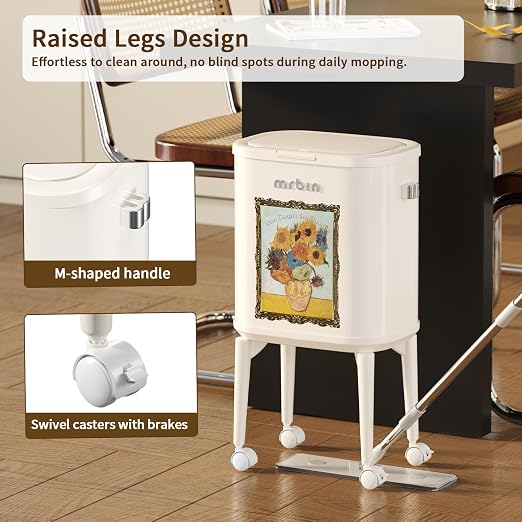 MRBIN Metal Slim Bathroom Trash Can with Legs and Wheels, 15L / 4gal Toilet Press Lid Waste Basket, Covered Office Garbage Pail for Near Desk, Narrow Vanity, Rvs, Kitchen, Sunflower