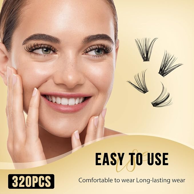 QUEWEL Lash Clusters 320Pcs 30D+40D D Curl Lash Cluster Eyelash Extensions | Cluster Lashes Mix9-16mm Individual Eyelashes Clusters Wispy Lash Clusters Thin Band Soft to Use at Home(30D+40D D Mix9-16)
