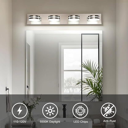 4-Light Bathroom Vanity Light, Brushed Nickel Bathroom Light Fixtures Over Mirror, LED Dimmable 5500K Bath Lighting Fixture, Modern Wall Mounted Lighting Fixture with 360°Rotating Lamp Head