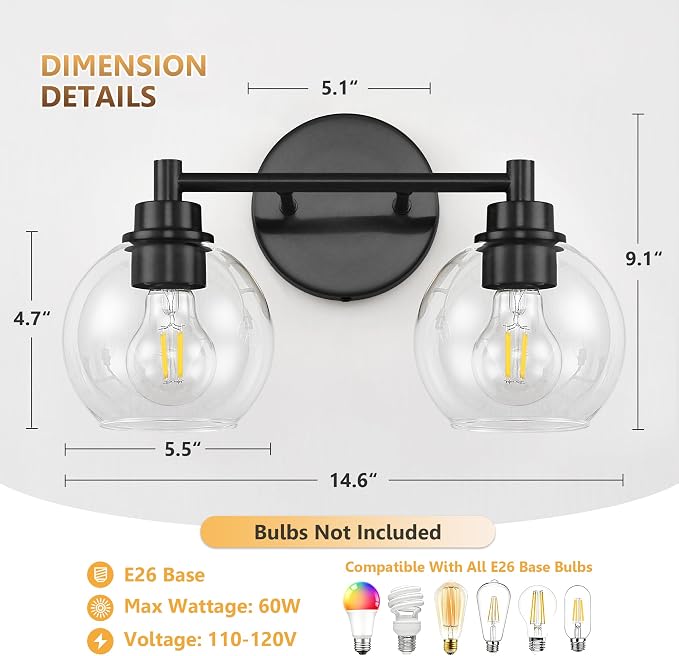 Bathroom Light Fixtures, Vanity Lights for Bathroom 2-Light Black, Bathroom Lighting Fixtures Over Mirror with Clear Glass Globe Shade, Bathroom Vanity Light for Living Room Kitchen Bedroom Hallway