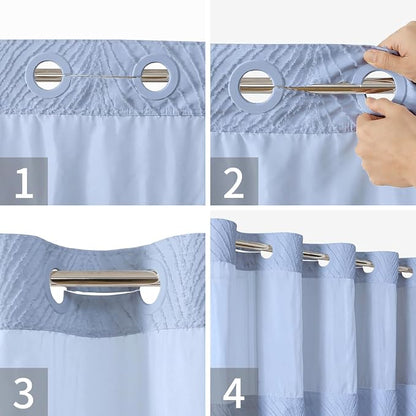 eachope no Hook Shower Curtain and Liner Set，Boho Style with See Through Top Window, Blue Fabric Tufted Striped Textured Outer Curtain & Waterproof Inner Liner, FrostBlue, 71Wx80H