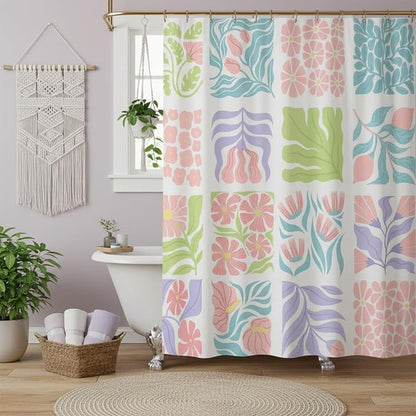 JAWO Cute Boho Floral Shower Curtain, Colorful Abstract Floral Retro Aesthetic Shower Curtain for Bathroom, Funky Unique Waterproof Fabric Polyester Bath Curtains Decor with Hooks,70Wx70H