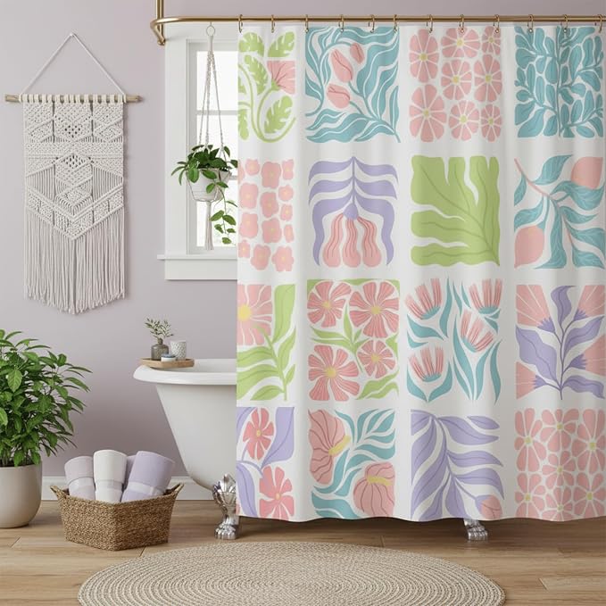JAWO Cute Boho Floral Shower Curtain, Colorful Abstract Floral Retro Aesthetic Shower Curtain for Bathroom, Funky Unique Waterproof Fabric Polyester Bath Curtains Decor with Hooks,70Wx78H