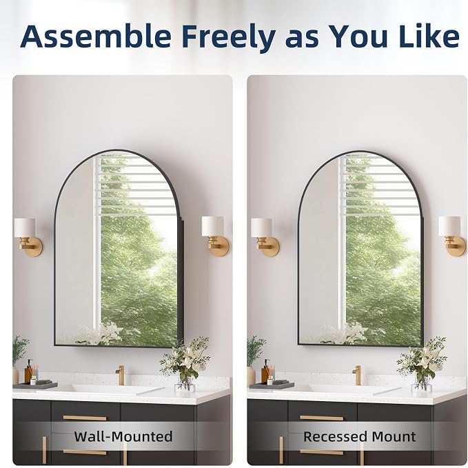 Medicine Cabinets for Bathroom, Black Arched Medicine Cabinet Recessed or Surface Wall-Mounted,Modern Bathroom Vanity Mirror with Storage, Mirrored Cabinet with Adjustable Shelves,24x36 Inch
