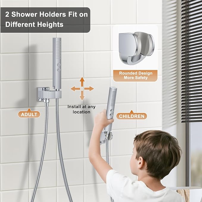 Rain Shower System 12" & 6" Dual Shower Heads Ceiling Shower Faucet Set | Ideal for bathroom remodels and upgrades with 12" rain shower, 6" angled shower, handheld spray and complete valve kit.