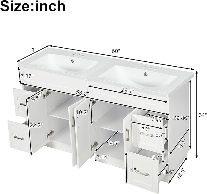 60" Bathroom Vanity Set with Double Sink, Harper & Bright Designs Vanity Cabinet with 4 Cabinet Doors, 4 Drawers, 2 Adjustable Shelves, Solid Wood Bathroom Cabinet with Resin Basin for Bathroom, White