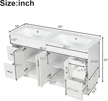 60" Bathroom Vanity Set with Double Sink, Harper & Bright Designs Vanity Cabinet with 4 Cabinet Doors, 4 Drawers, 2 Adjustable Shelves, Solid Wood Bathroom Cabinet with Resin Basin for Bathroom, White