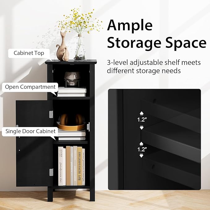 Tangkula Bathroom Floor Storage Cabinet With Anti-Tipping Device, 3-Height Adjustable Shelf, Wood Freestanding Side Cabinet for Home Office, 12 x 12 x 31.5 Inches (Black)