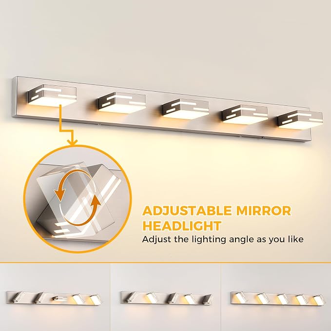 5-Light 5CCT Modern Bathroom Vanity Light Fixtures, 40-Inch 350° Rotatable LED Vanity Lights Over Mirror, Dimmable Brushed Nickel Wall Sconce with Frosted Acrylic Shade
