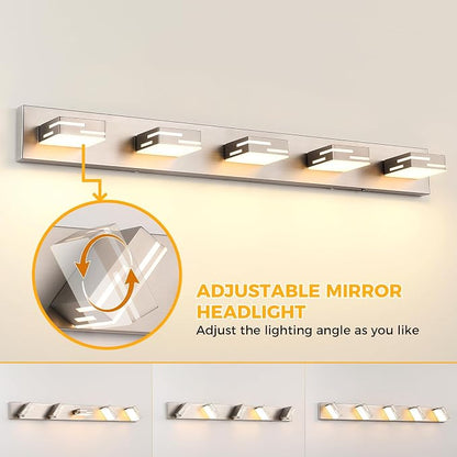 5-Light 5CCT Modern Bathroom Vanity Light Fixtures, 40-Inch 350° Rotatable LED Vanity Lights Over Mirror, Dimmable Brushed Nickel Wall Sconce with Frosted Acrylic Shade