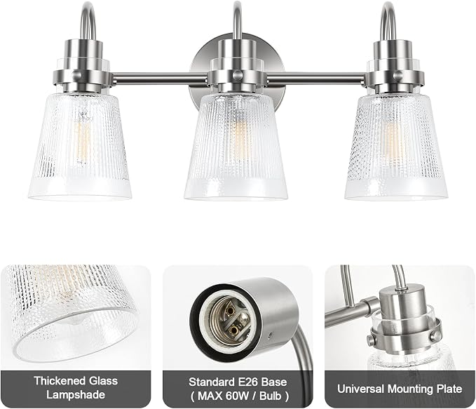 Brushed Nickel Bathroom Light Fixtures, 18.8 Inch Modern Vintage Vanity Lights with Clear Striped Glass Shade, 3-Light Bathroom Wall Sconce Over Mirror for Entryway Bedroom
