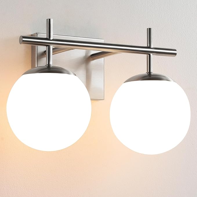 AIJIASI Brushed Nickel Vanity Light for Bathroom, 2-Lights Modern Vanity Lighting with Milky White Frosted Glass Shade, Bathroom Light Fixture Mid Century Wall Sconce (Exclude E26 Bulb)