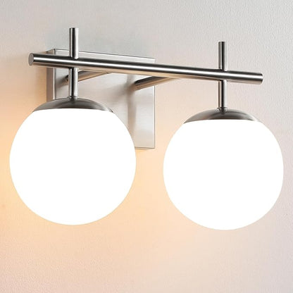 AIJIASI Brushed Nickel Vanity Light for Bathroom, 2-Lights Modern Vanity Lighting with Milky White Frosted Glass Shade, Bathroom Light Fixture Mid Century Wall Sconce (Exclude E26 Bulb)