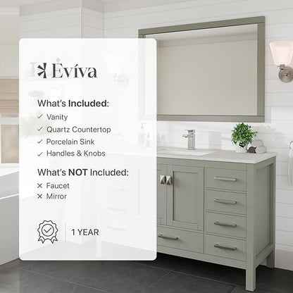 Eviva London 54 Inch Bathroom Vanity White Vanity Bathroom Sink Cabinet W/Quartz Countertop Porcelain Single Sink Design for Modern Bathrooms