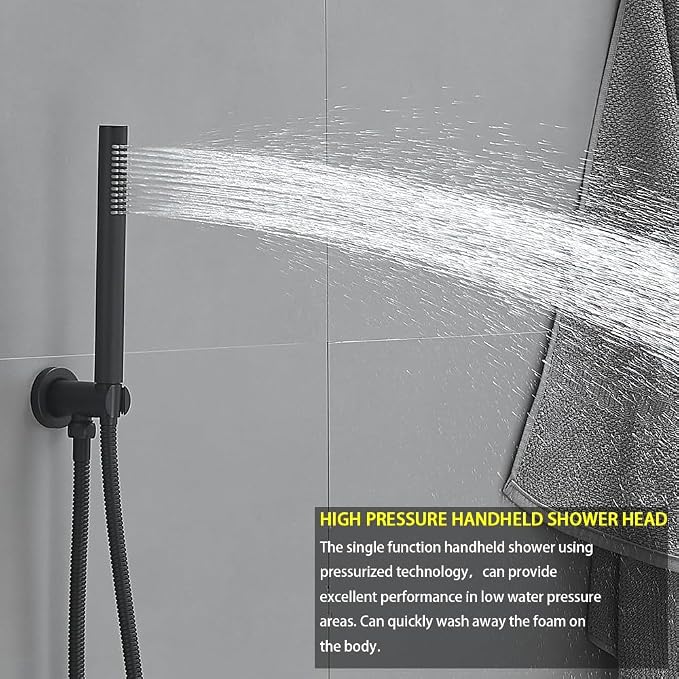 Matte Black Ceiling Mount Round Rain Shower System with 16 Inch Shower Head and Handheld Bathroom Shower Set Contain Shower Faucet Trim Kit (Mixer Valve Included)