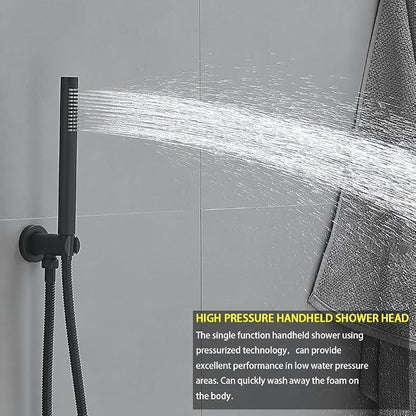 Matte Black Ceiling Mount Round Rain Shower System with 16 Inch Shower Head and Handheld Bathroom Shower Set Contain Shower Faucet Trim Kit (Mixer Valve Included)