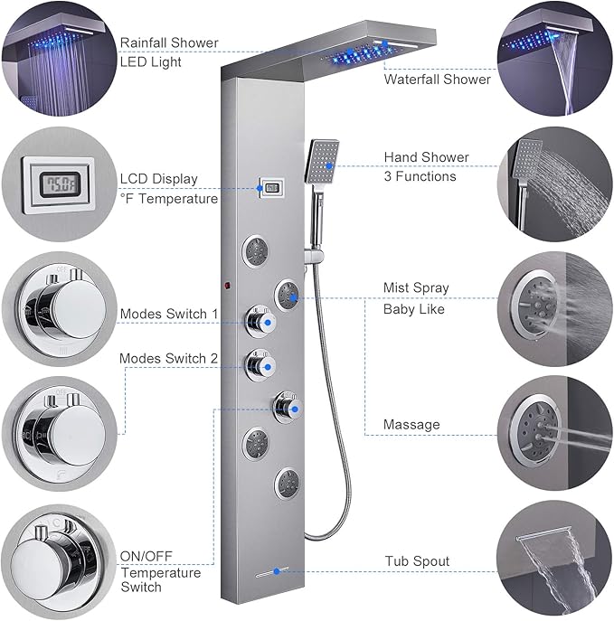 MENATT LED Shower Panel Tower System, 6 in 1 Stainless Steel LED Shower Column, Rainfall & Waterfall Head, Massage Jets, Tub Spout, Handheld Shower(Brushed)